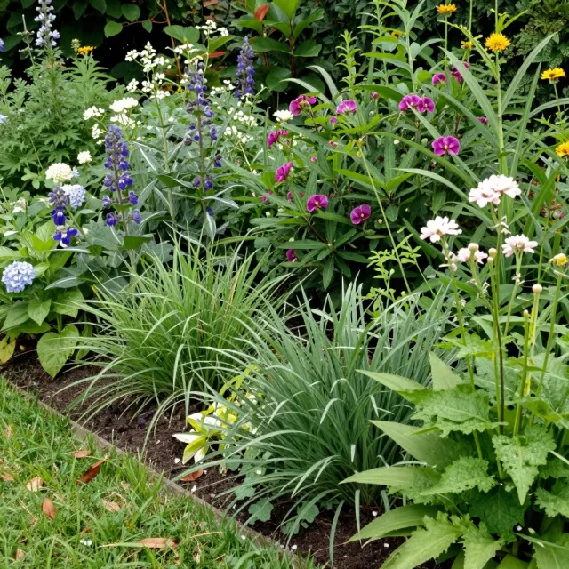 A garden border full of purple, pink and white flowers