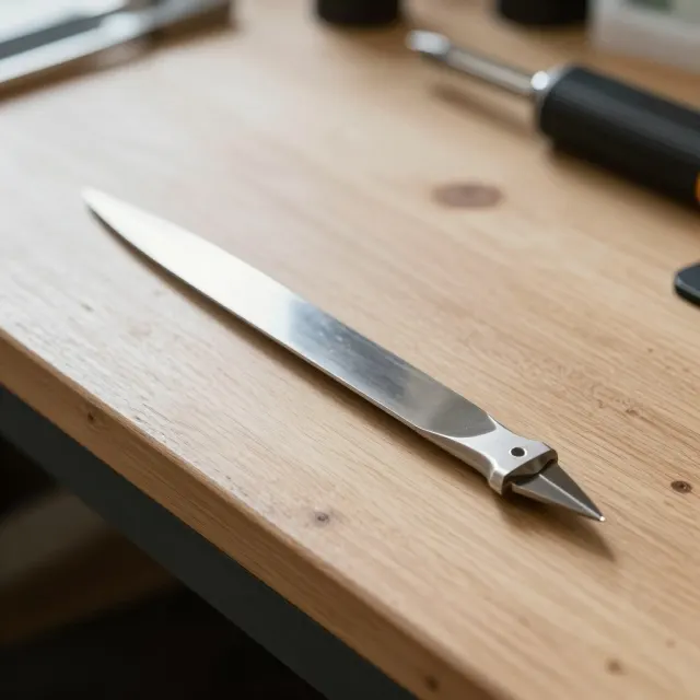 A wooden workbench with a knife and a screwdriver on it
