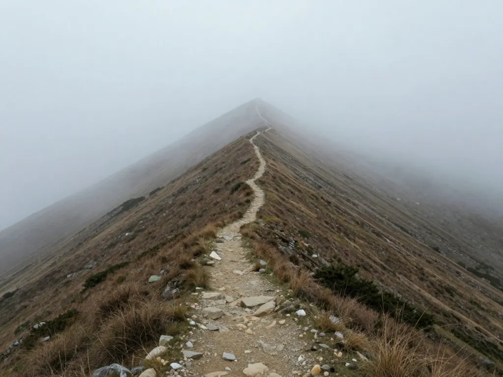 A narrow path along a foggy ridge with the slope falling away on both sides