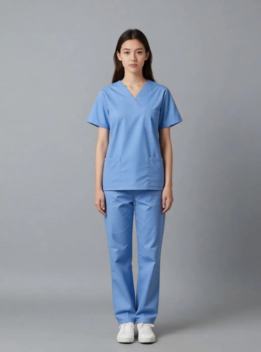 The same woman wearing blue hospital scrubs, still in white trainers