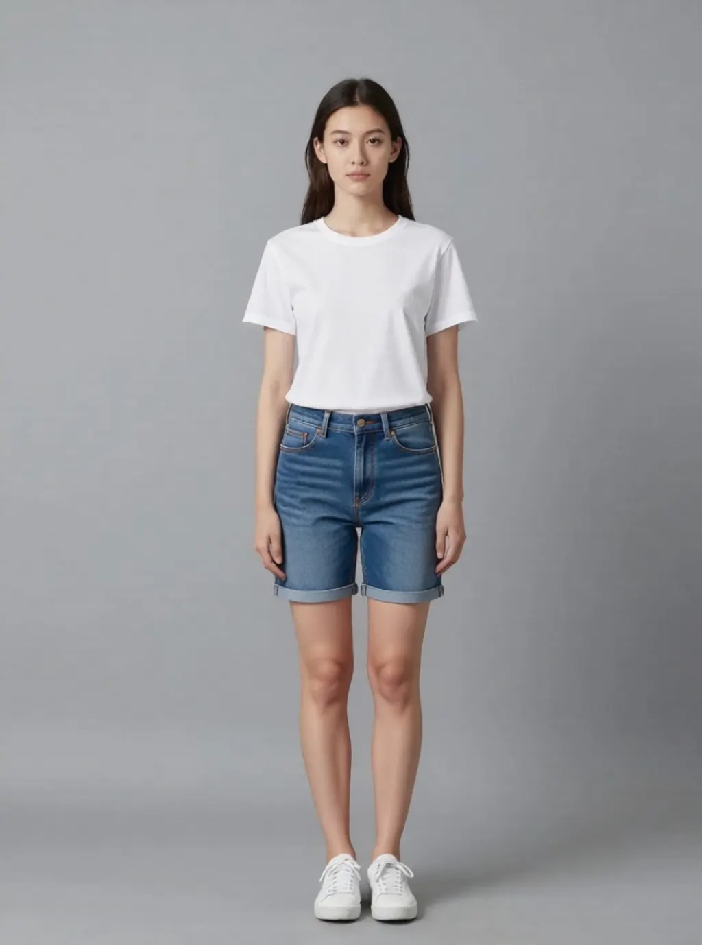 The same woman in the original white t-shirt with the jeans replaced by denim shorts