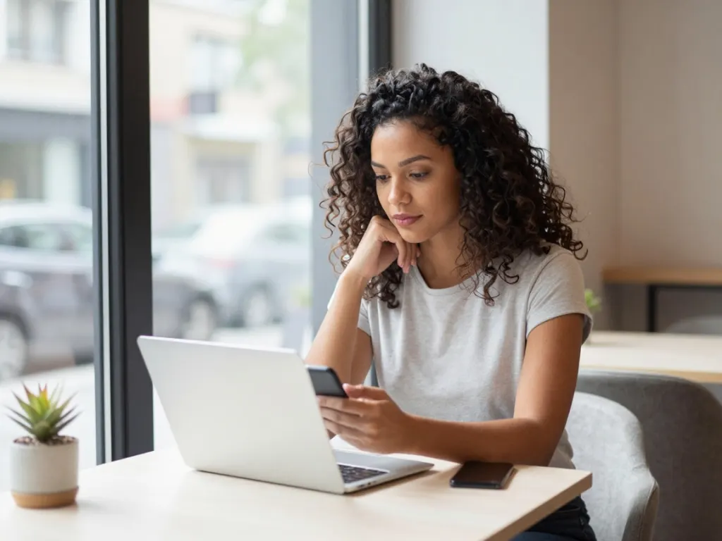 A woman with long curly hair working on a laptop at a cafe table