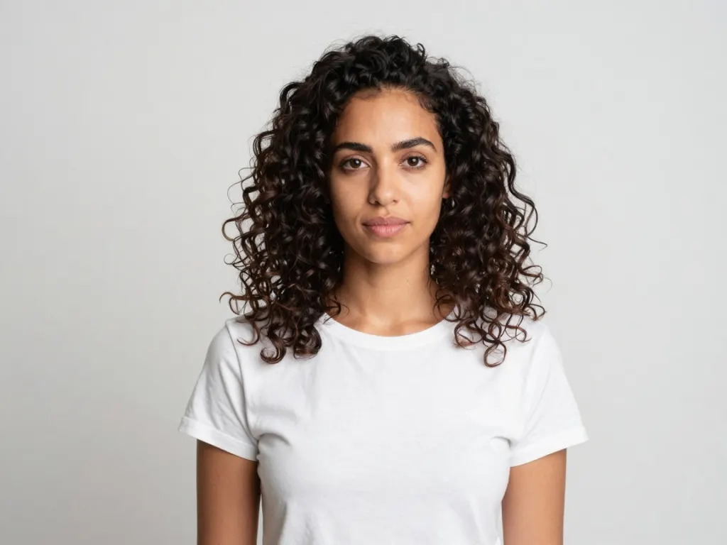 A different woman with long curly hair in a white t-shirt against a studio backdrop