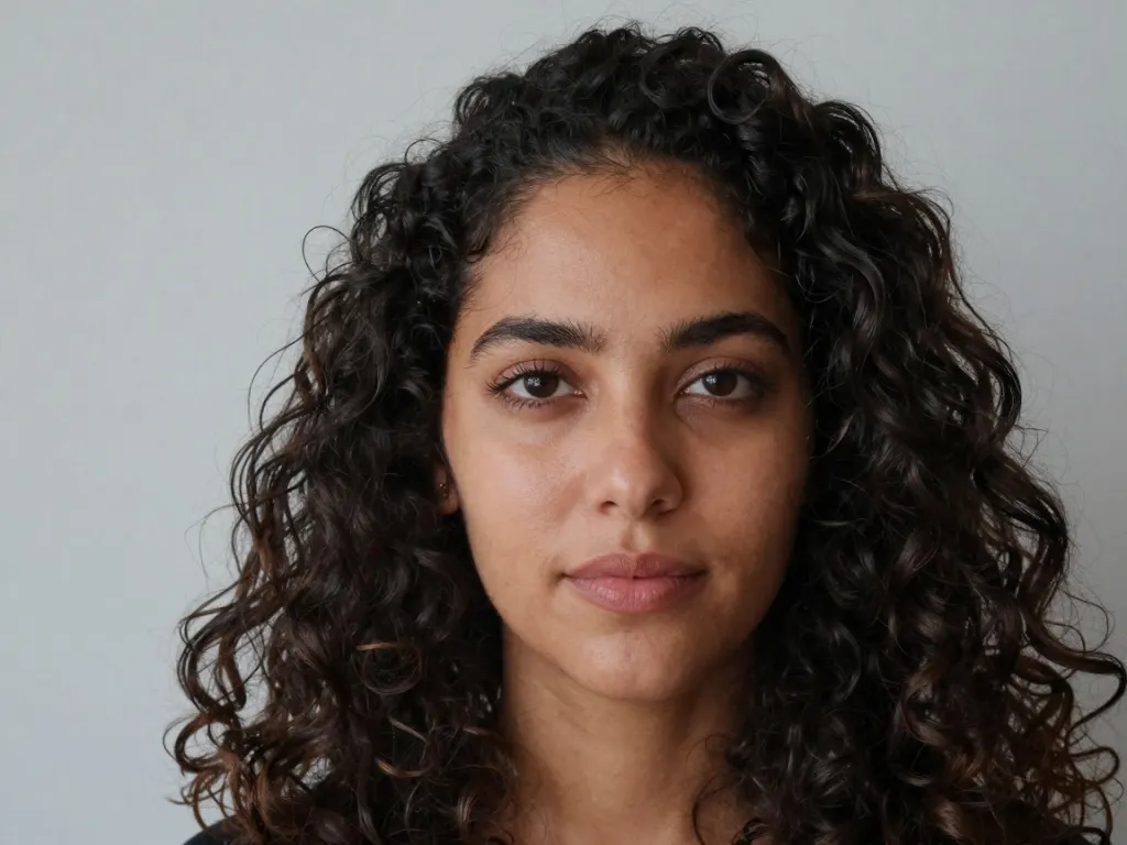 A third woman with long curly hair in a close-up portrait