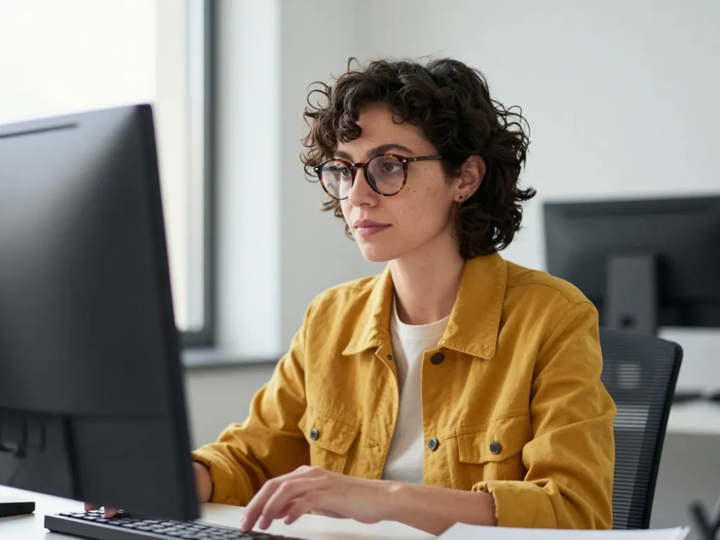 The same woman working at a desk in an office with side light