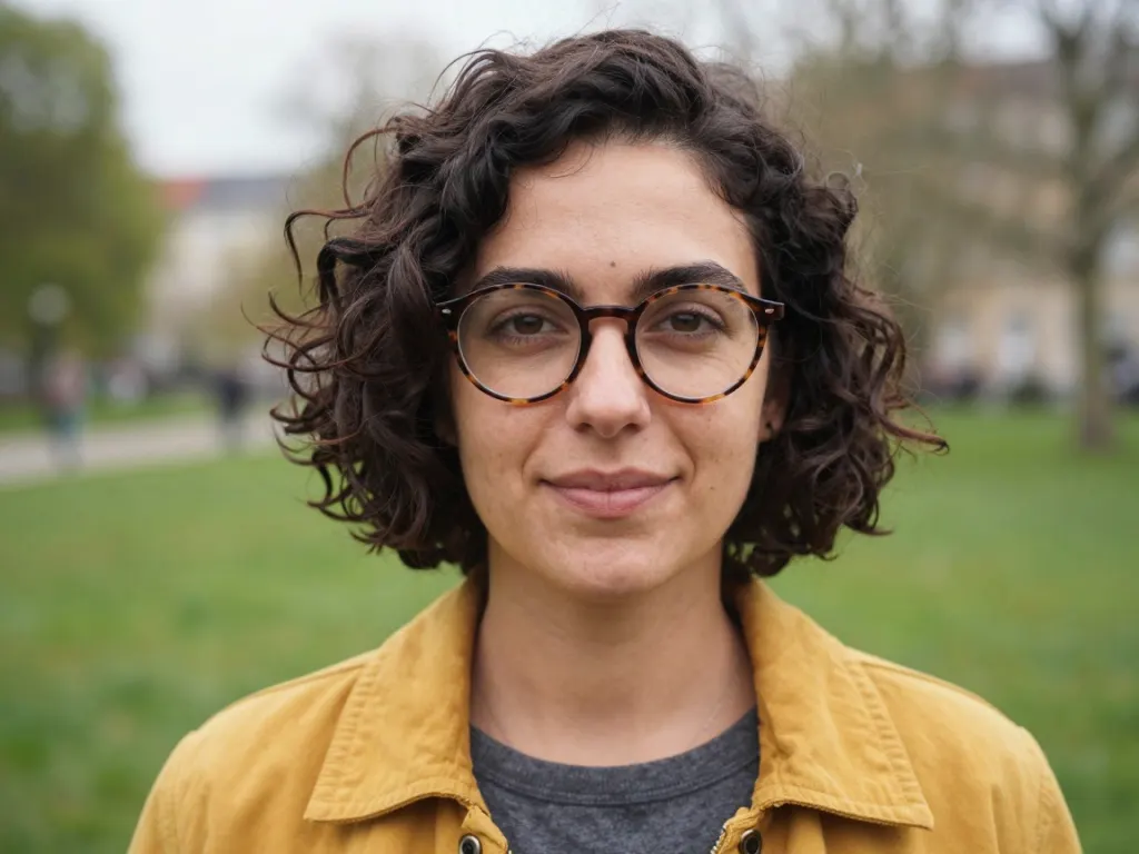 The same woman outdoors in a park on an overcast day