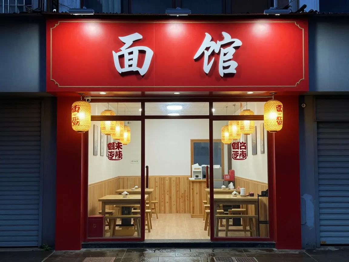 Noodle shop at night with a red sign board above the door carrying two white Chinese characters, lanterns lit inside