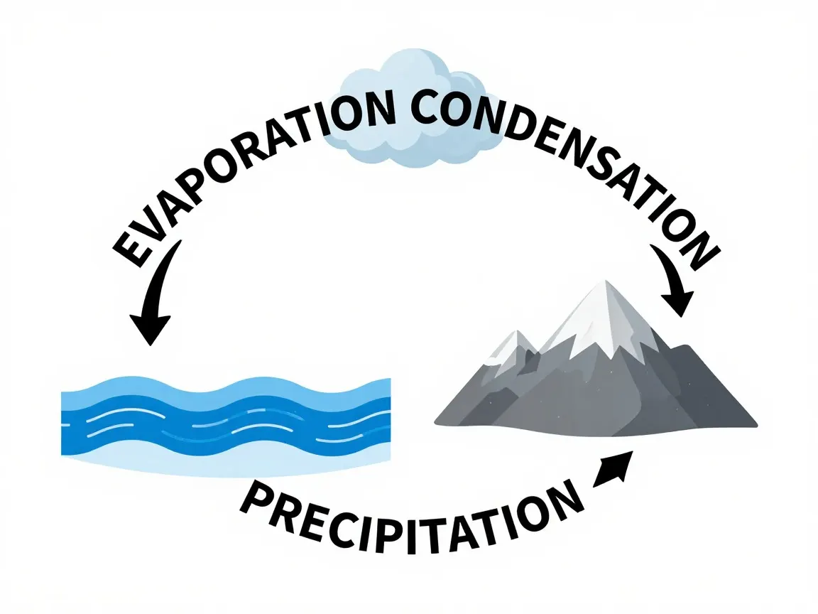 Flat diagram on white with a sea, a cloud and a mountain joined by curved arrows, labelled EVAPORATION CONDENSATION PRECIPITATION