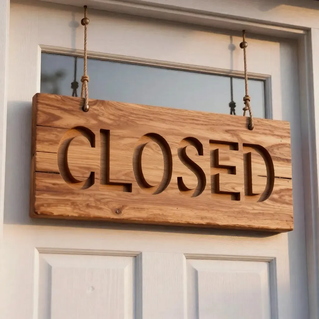 The same hanging wooden sign with the word CLOSED carved into it instead