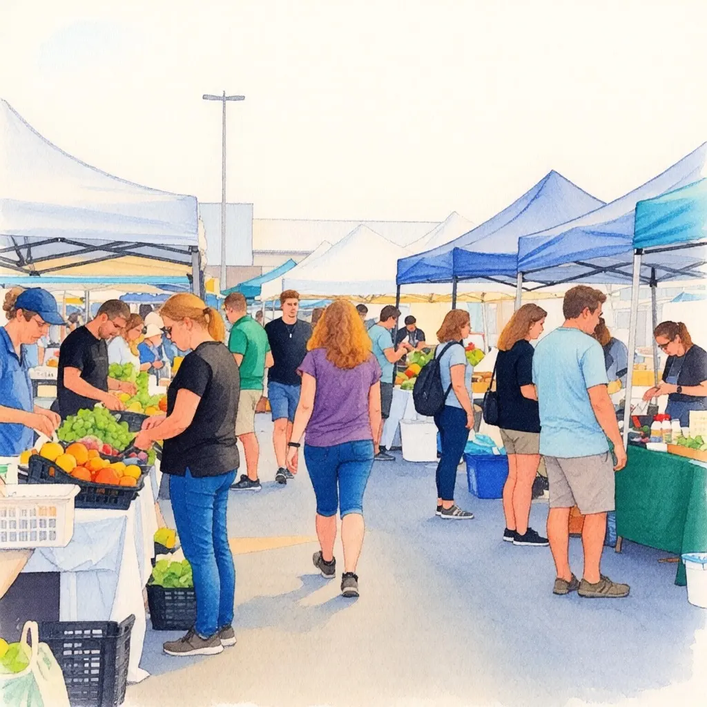 The same market scene redrawn as a loose watercolour painting with visible paper texture