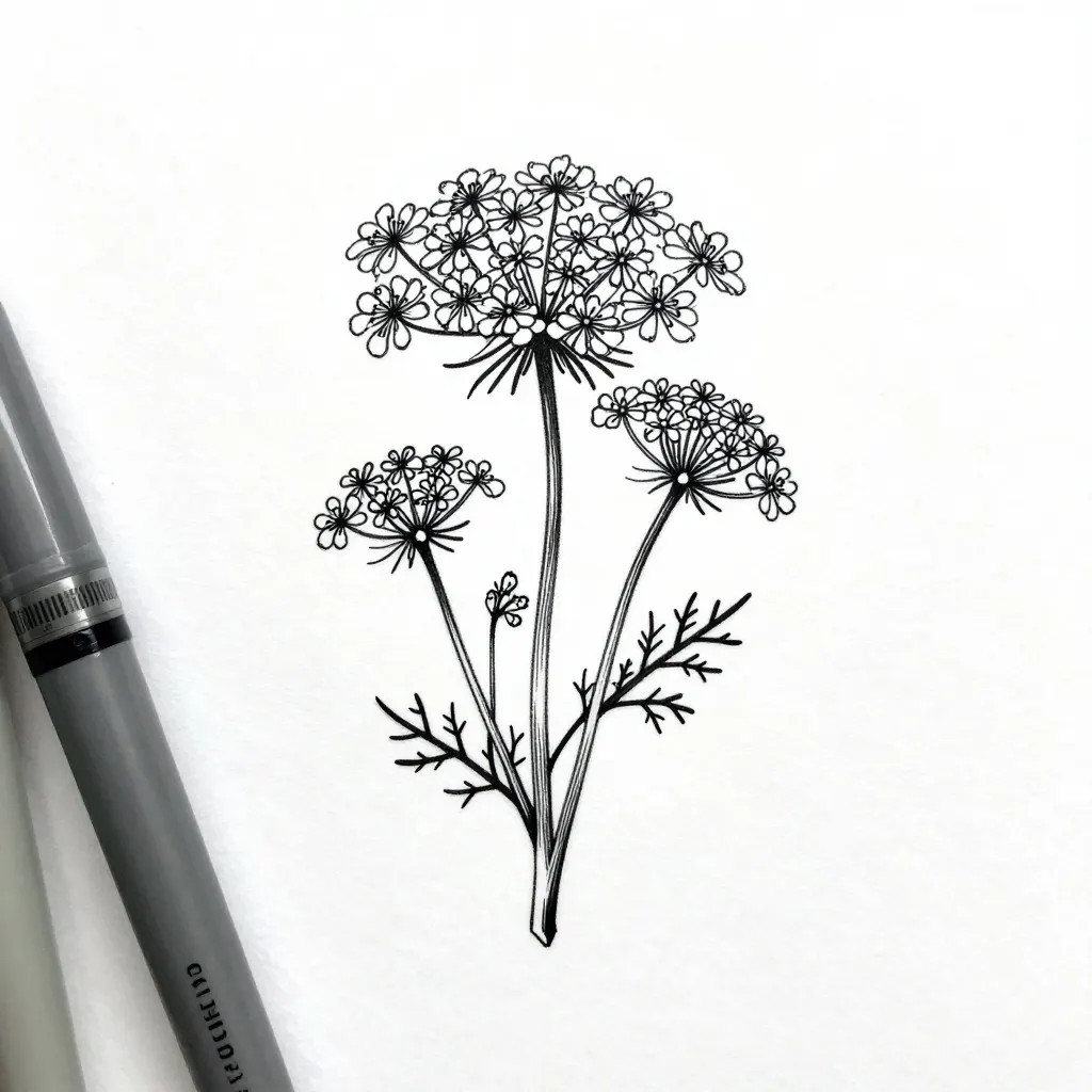 Fine line botanical tattoo design of wild carrot and yarrow, with a fineliner pen lying beside the paper