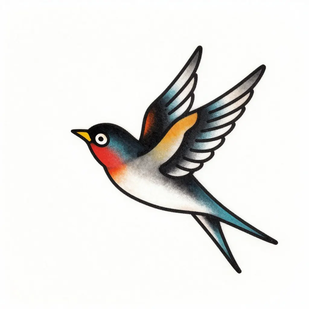 Traditional American style swallow tattoo with bold outlines in red, blue and yellow