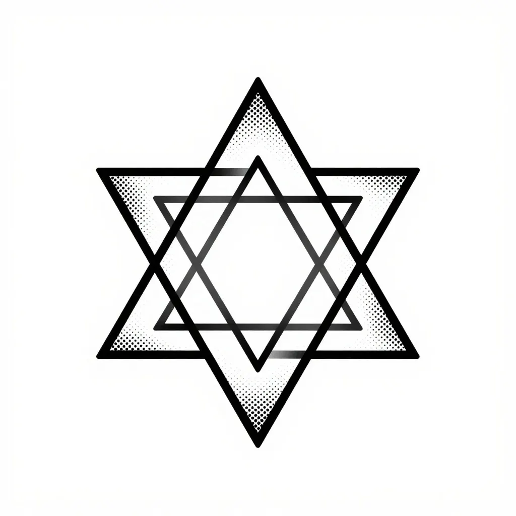 Geometric tattoo design of two overlapping triangles forming a six-pointed star with dot shading