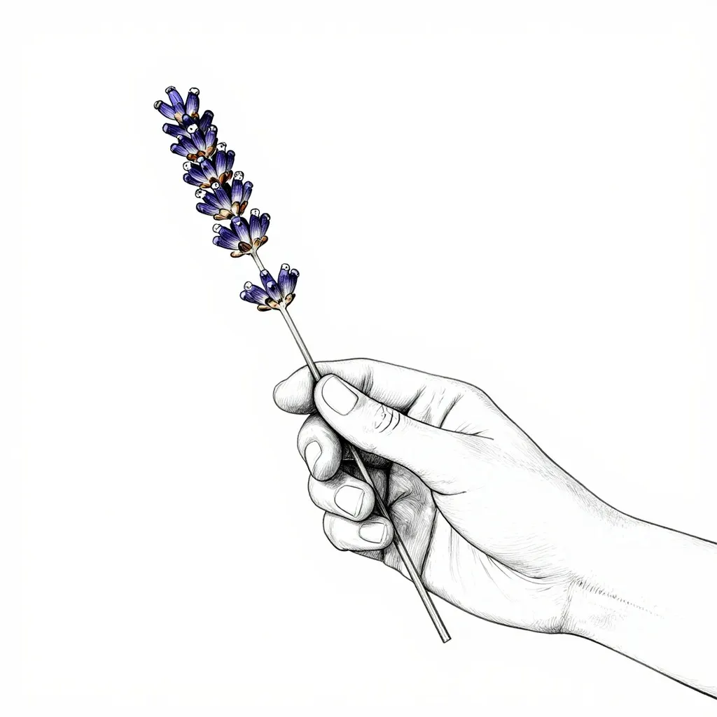Fine line drawing of a hand holding a sprig of lavender, with the lavender in purple