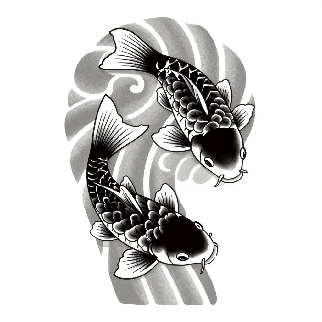 Japanese style tattoo design of two koi carp with grey wave patterns behind them