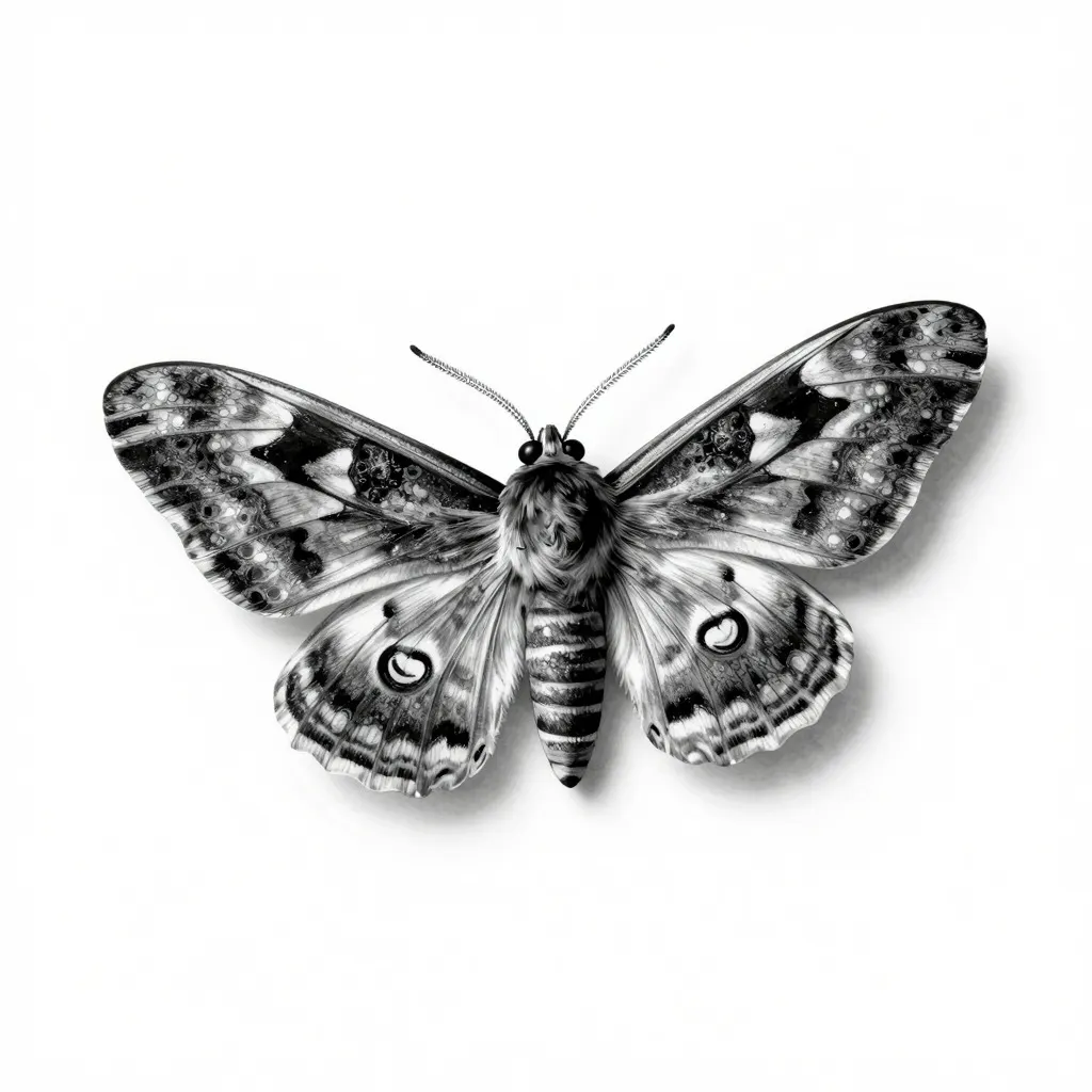 Detailed black and grey moth tattoo design with patterned wings on white