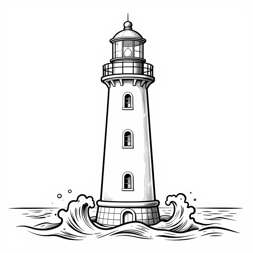 Fine line lighthouse with stylised waves at its base in black linework