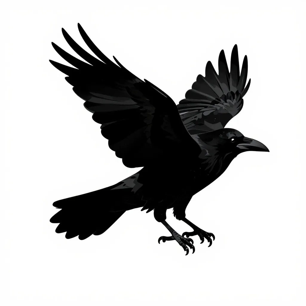 Solid black silhouette of a raven in flight with spread wings