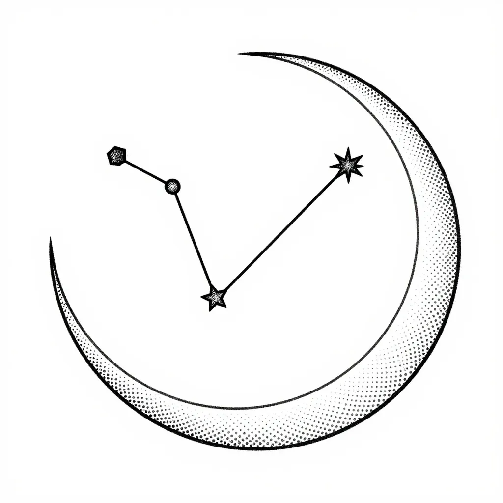 Fine line crescent moon with a dotwork constellation inside it