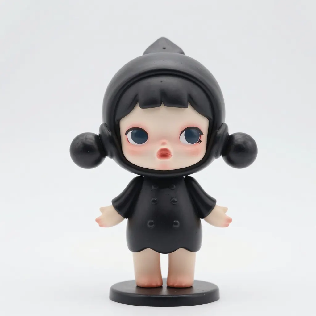 Vinyl figure of a pale big-eyed girl in a black hooded dress on a round base