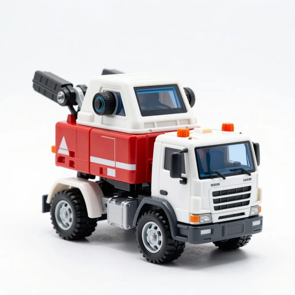 White and red toy truck with a robot head and arms folded onto the flatbed