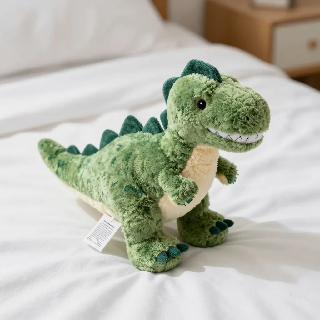 Green plush dinosaur with a fabric care tag sitting on a white bed