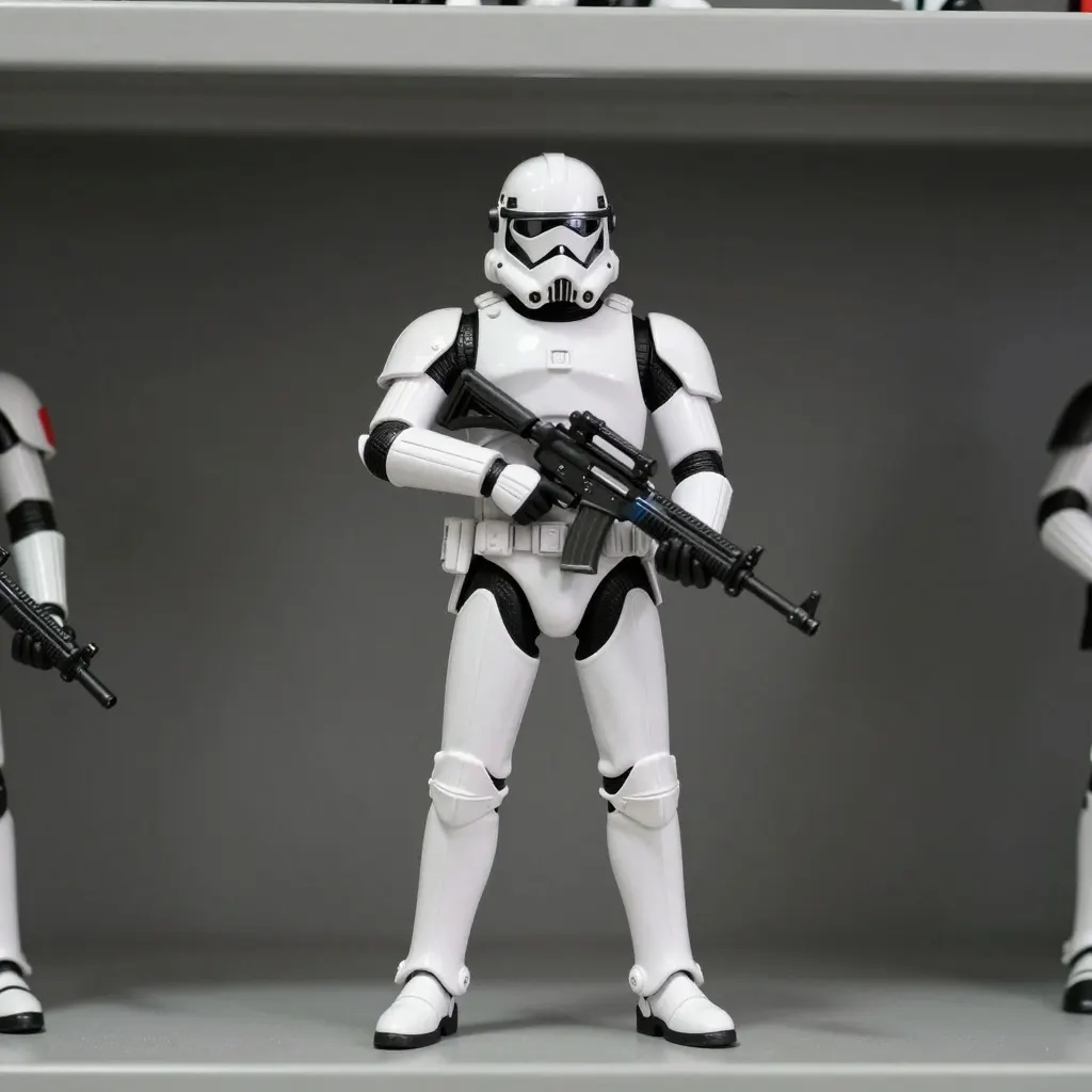 White-armoured figure with a black-visored helmet holding a rifle, two more behind it on a shelf