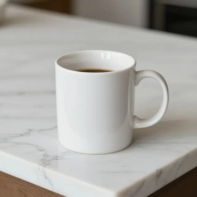 A white coffee mug standing on a marble counter
