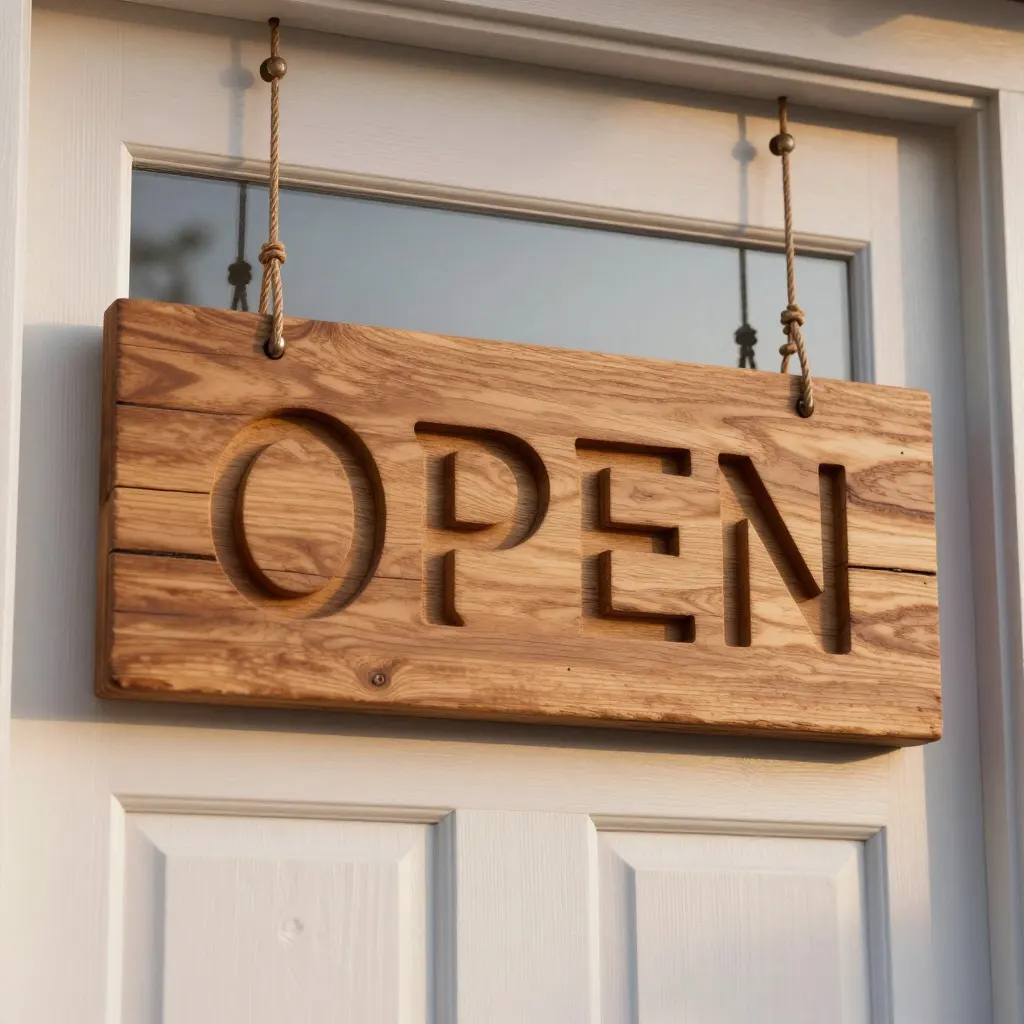 Wooden shop sign hanging above a white door with the word OPEN carved into it