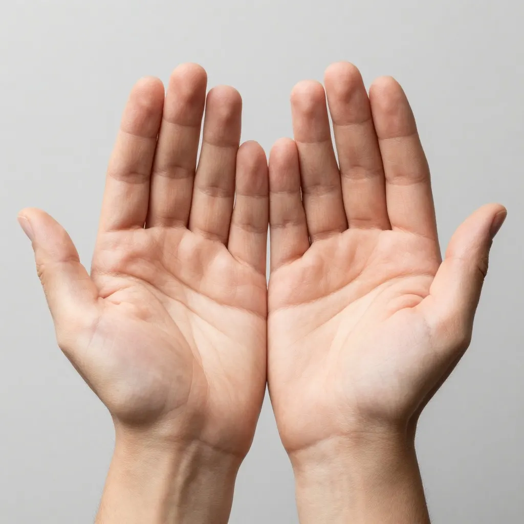 Close-up of two open hands held palms up with fingers spread against a plain grey background
