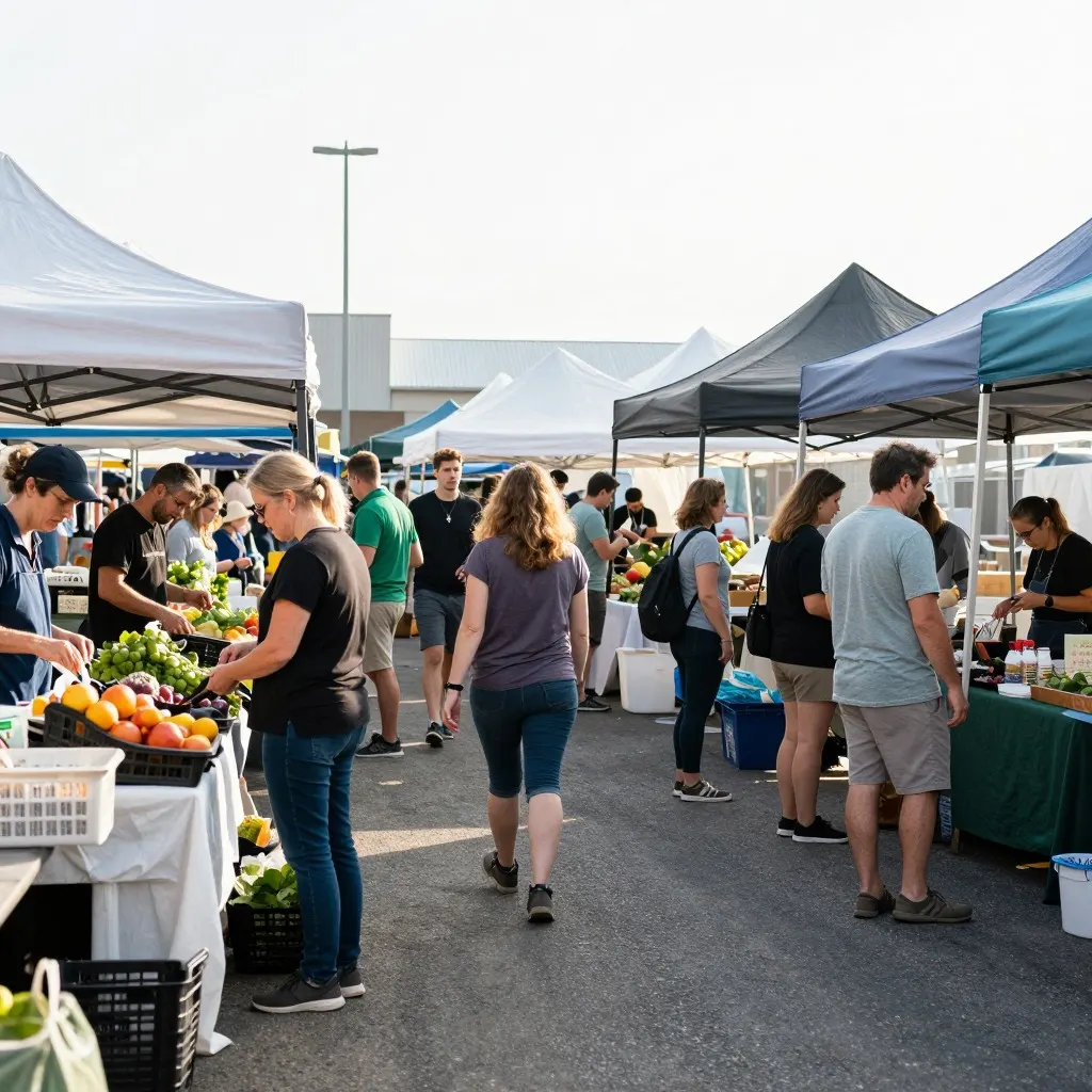 Photograph of a busy outdoor farmers market with shoppers at white canopy stalls