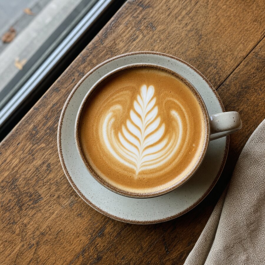 AI-generated overhead photo of a latte on a wooden table
