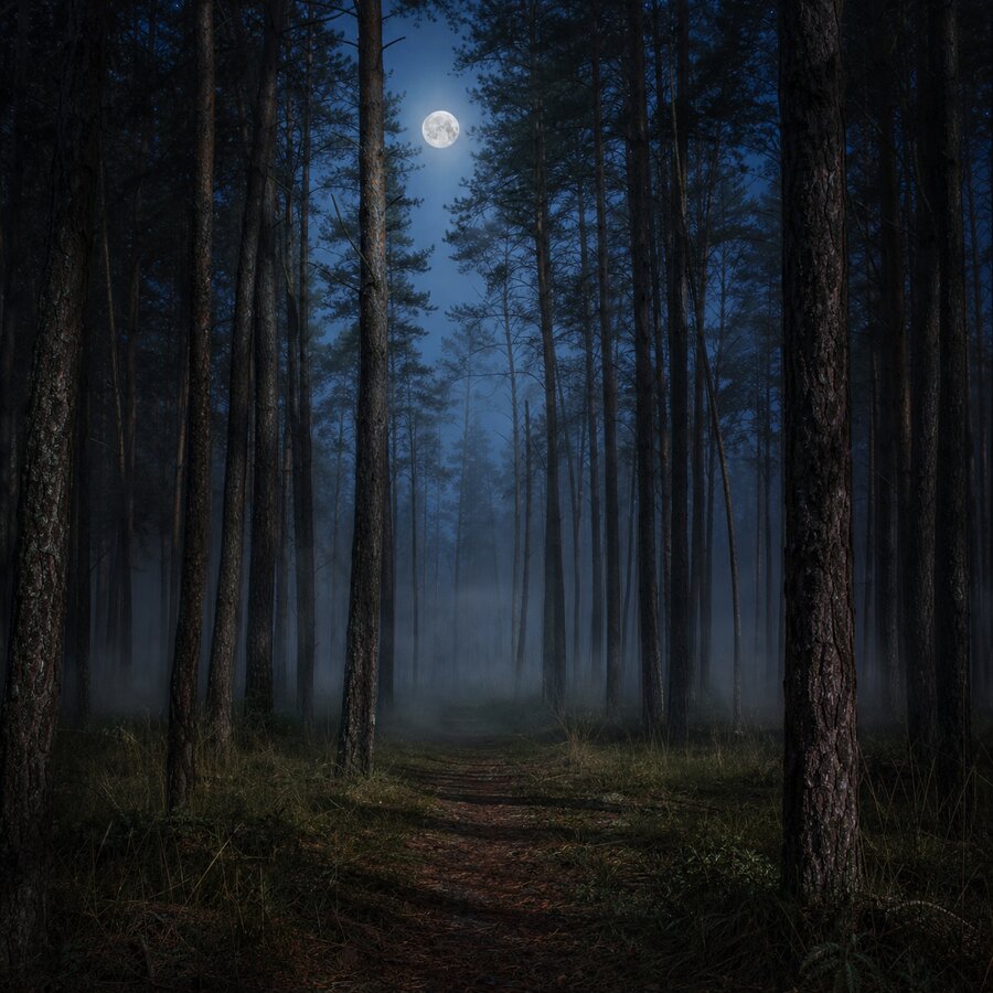 AI-generated realistic photo of a misty pine forest under a full moon