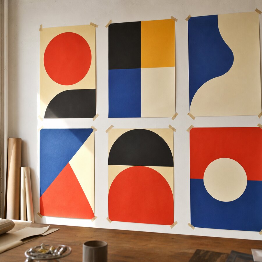 AI-generated realistic photo of retro geometric posters on a studio wall