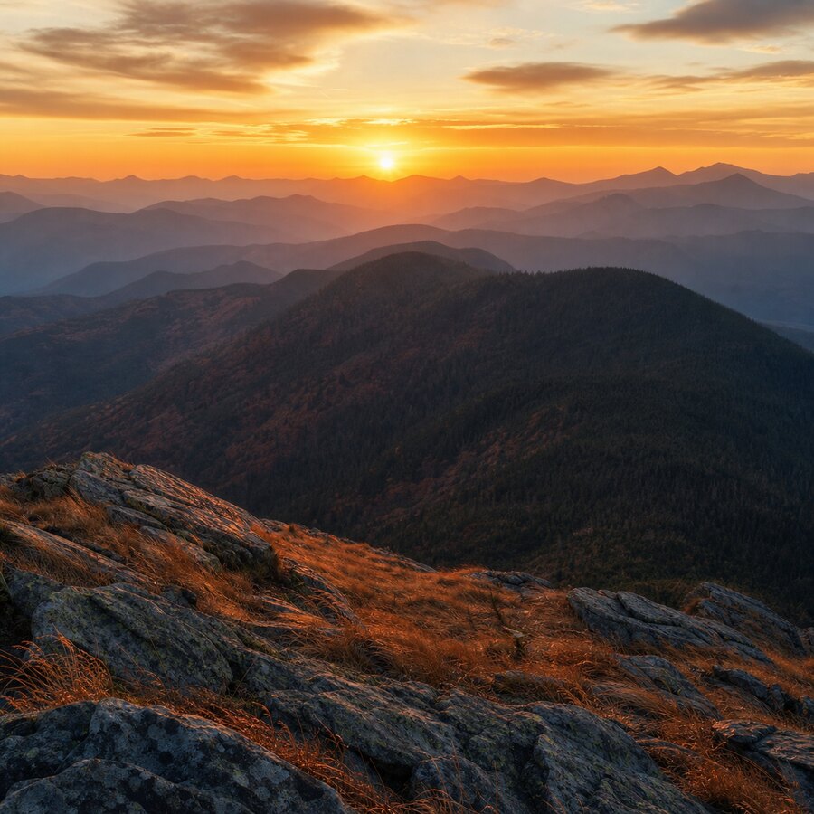 AI-generated realistic landscape photo of sunset over mountain ridges