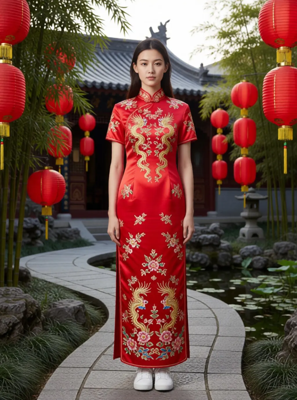 A woman in a red embroidered qipao in a garden hung with red lanterns