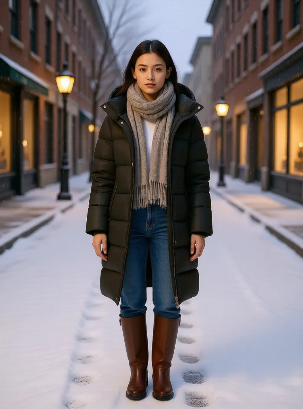A woman in a padded coat and scarf on a snowy street lit by shop windows