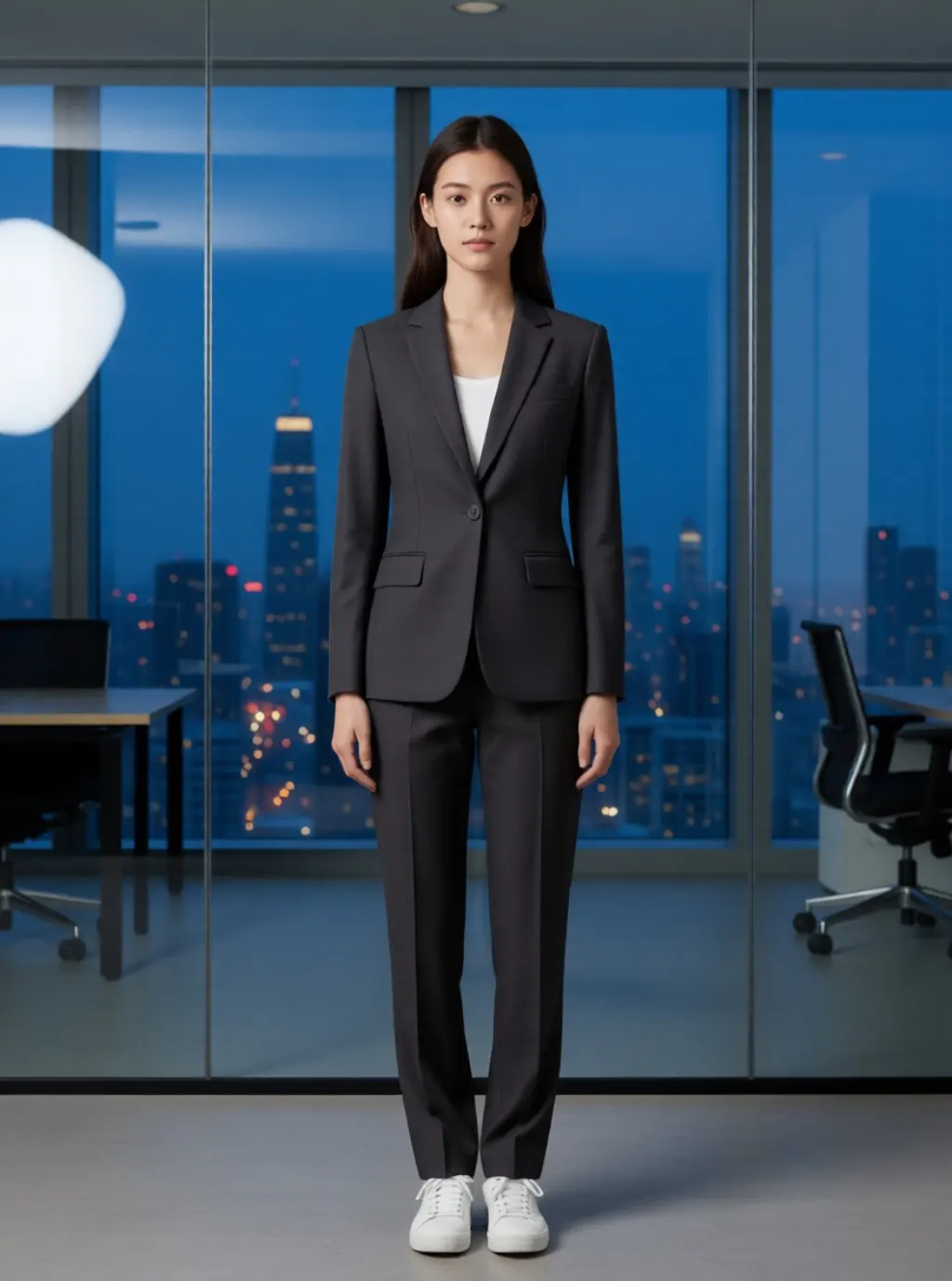 A woman in a charcoal tailored suit in a glass-walled office at night