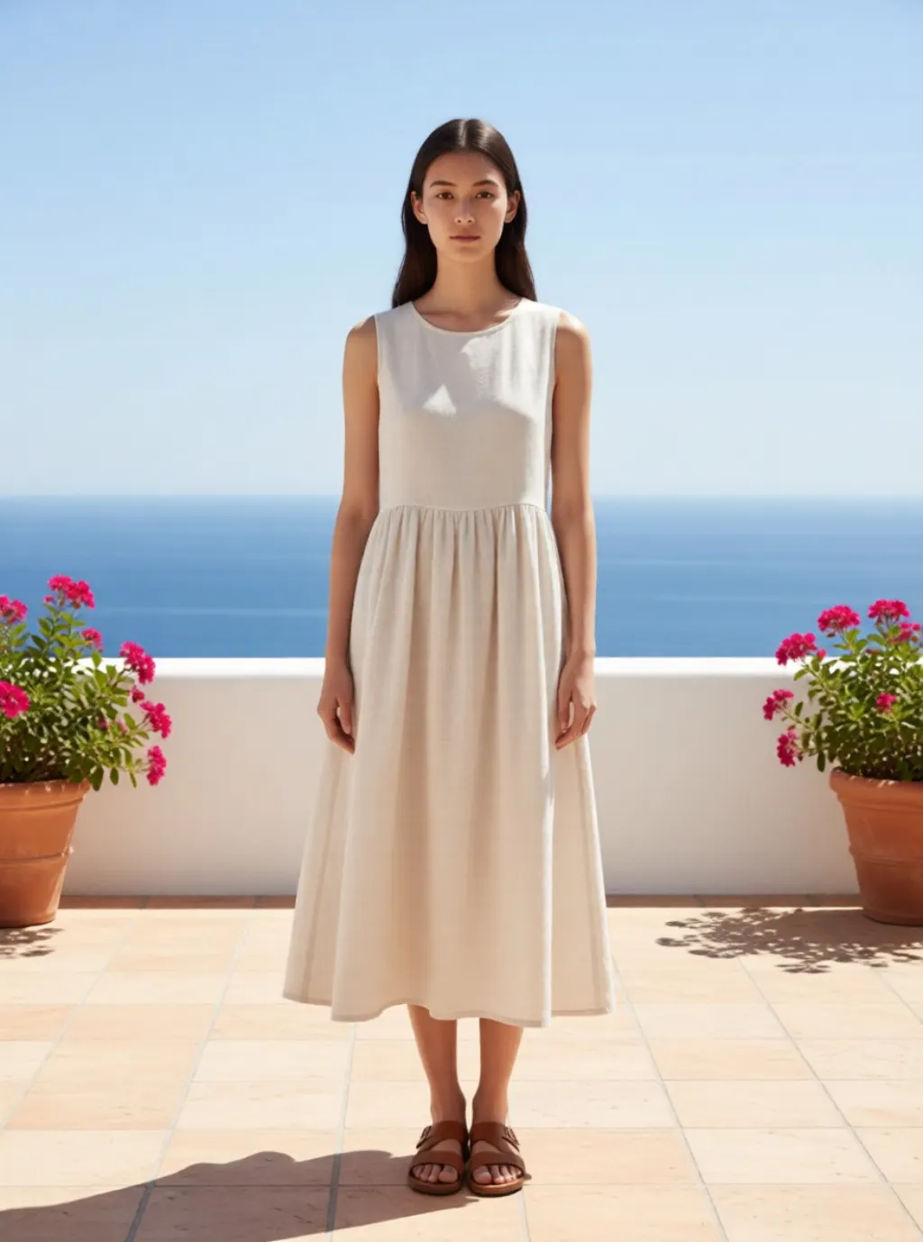 A woman in a cream linen dress on a sunlit terrace above the sea