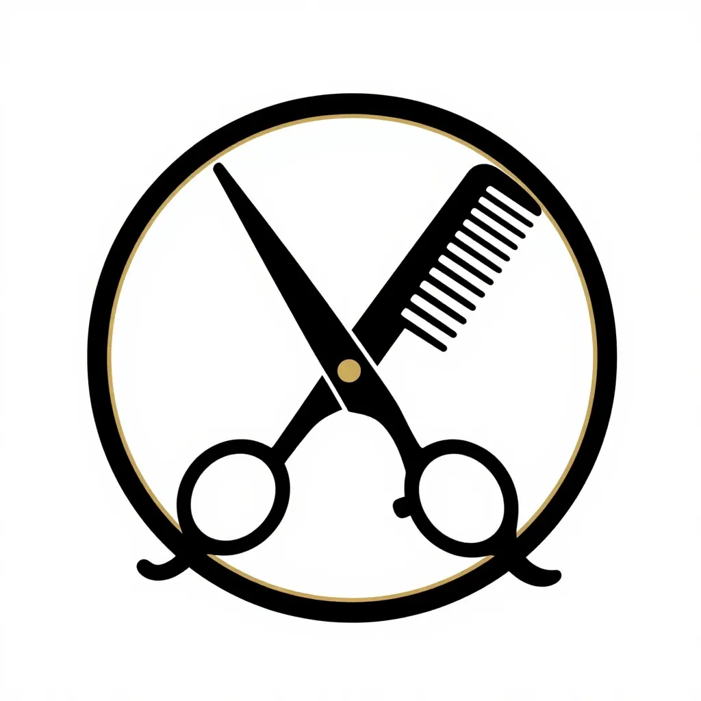 Barber shop logo with crossed scissors and comb inside a circle