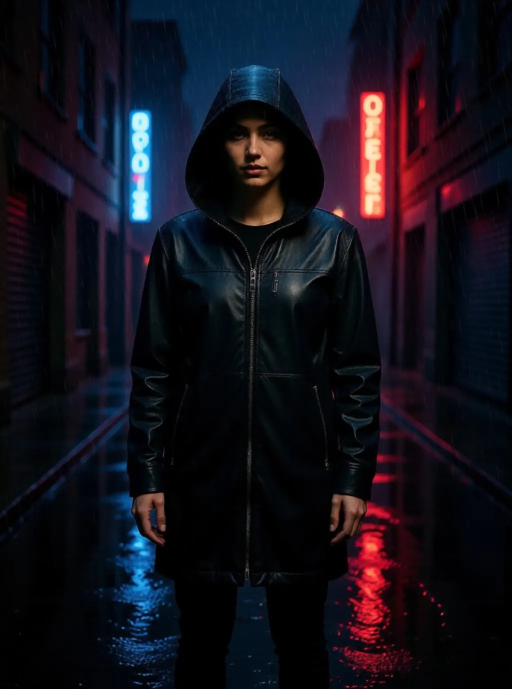 A full length shot of a woman in a hooded jacket in a rainy neon-lit alley