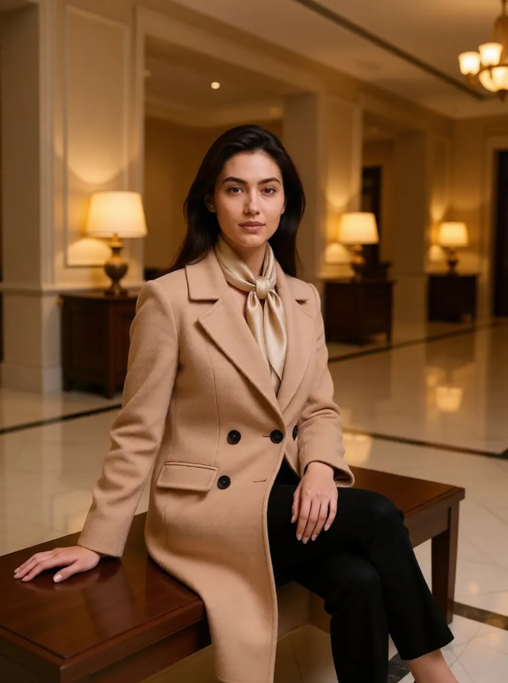 A woman in a camel cashmere coat seated on a bench in a marble hotel lobby