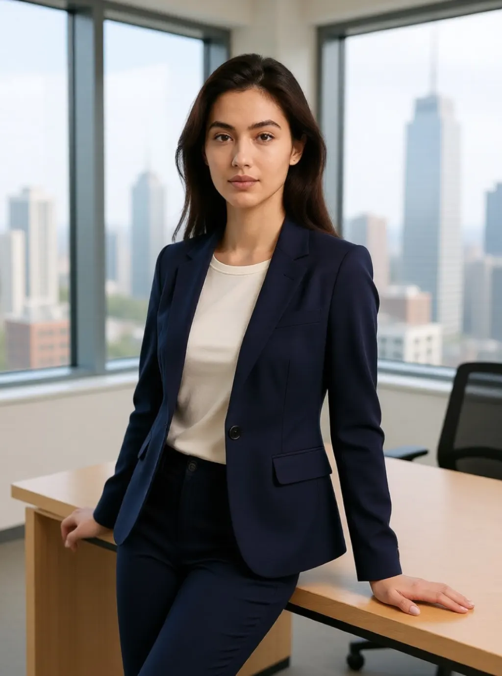 A woman in a navy blazer leaning against a desk in an office with a city view