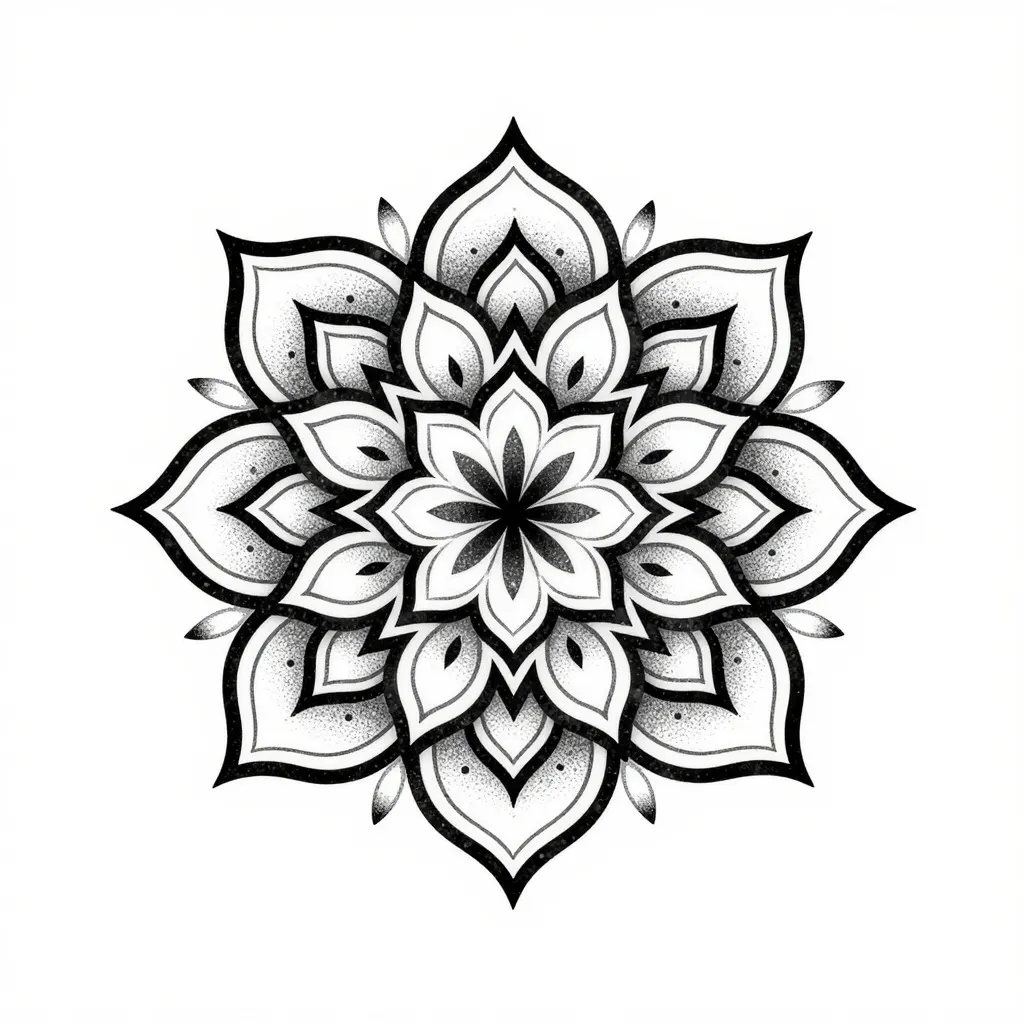 Dotwork mandala tattoo design with a symmetrical lotus pattern