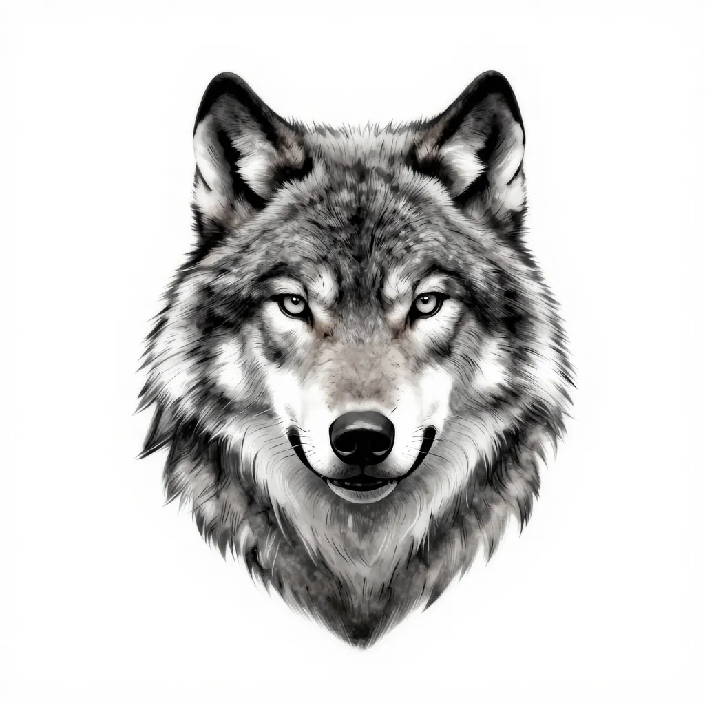 Black and grey realism tattoo design of a wolf head with smooth shading