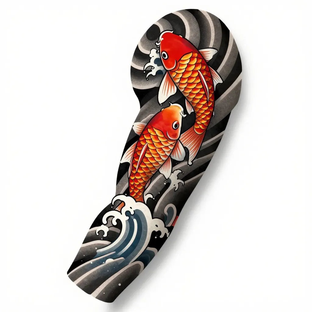 Japanese style sleeve tattoo design with koi fish and waves