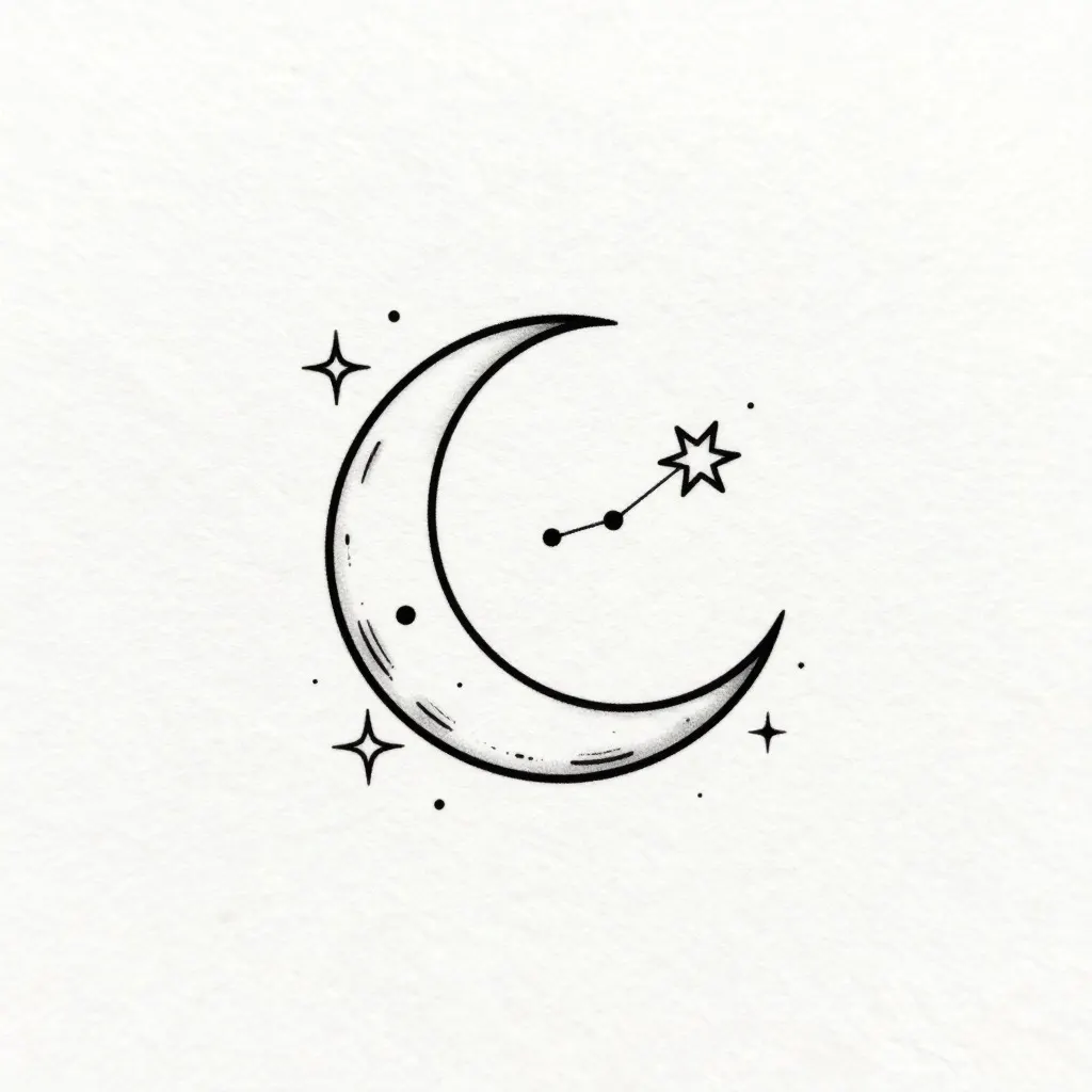 Fine line celestial tattoo design of a crescent moon, stars and a constellation