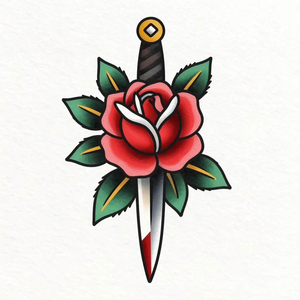 Neo traditional tattoo design of a rose wrapped around a dagger