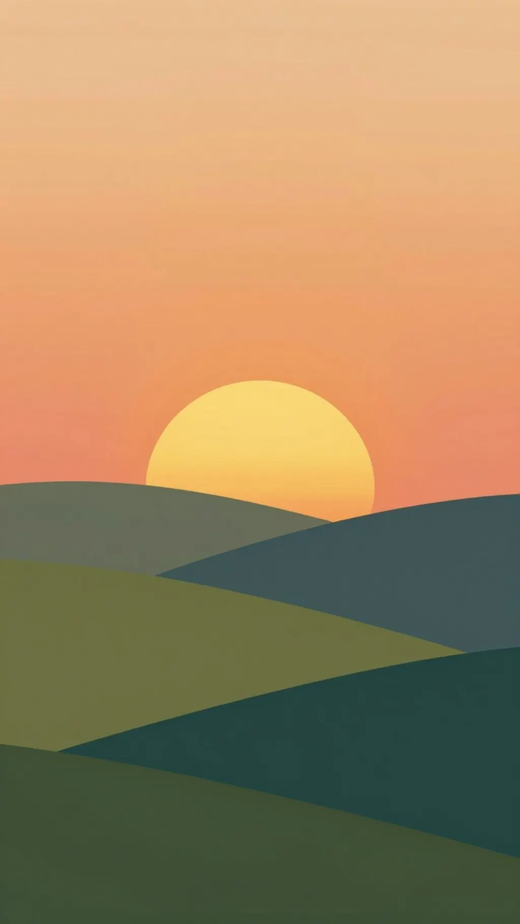Flat illustration of rolling hills at sunset in four colors, simple shapes, no texture