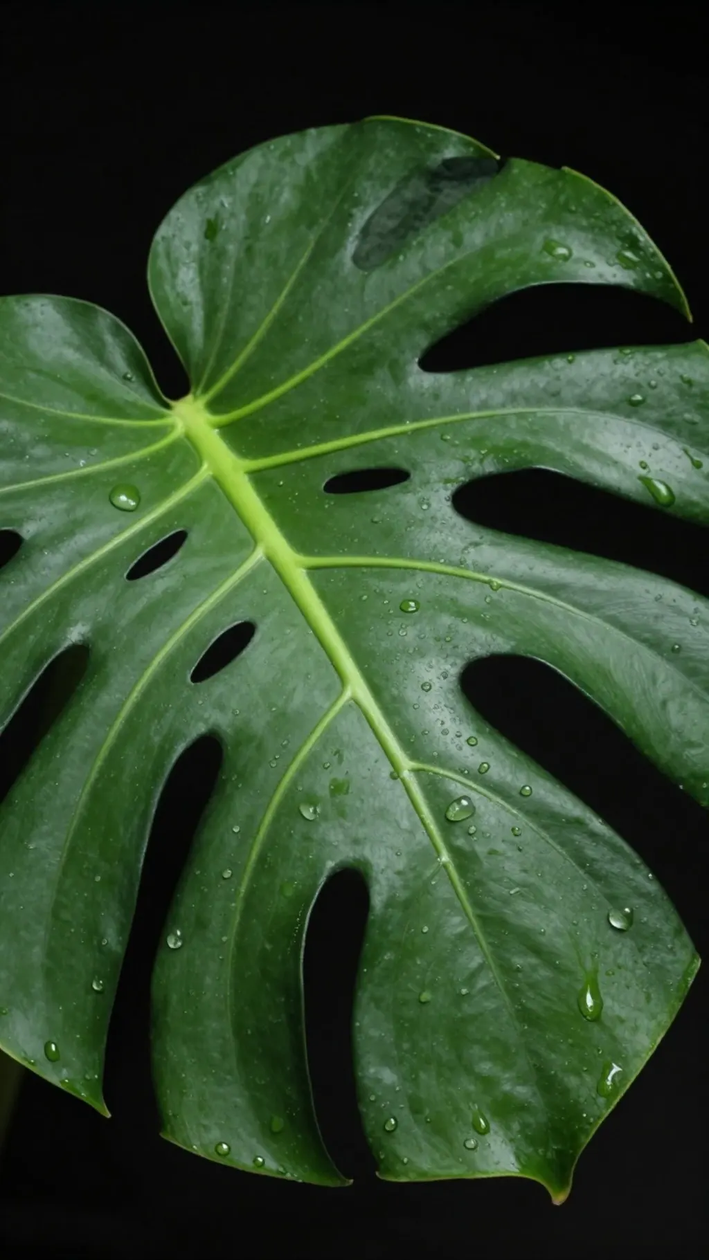 Macro shot of a monstera leaf on a black background, water droplets, one soft light from the left